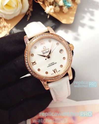 Copy Omega De Ville Ladies Watch White Dial Gold Diamond Bezel